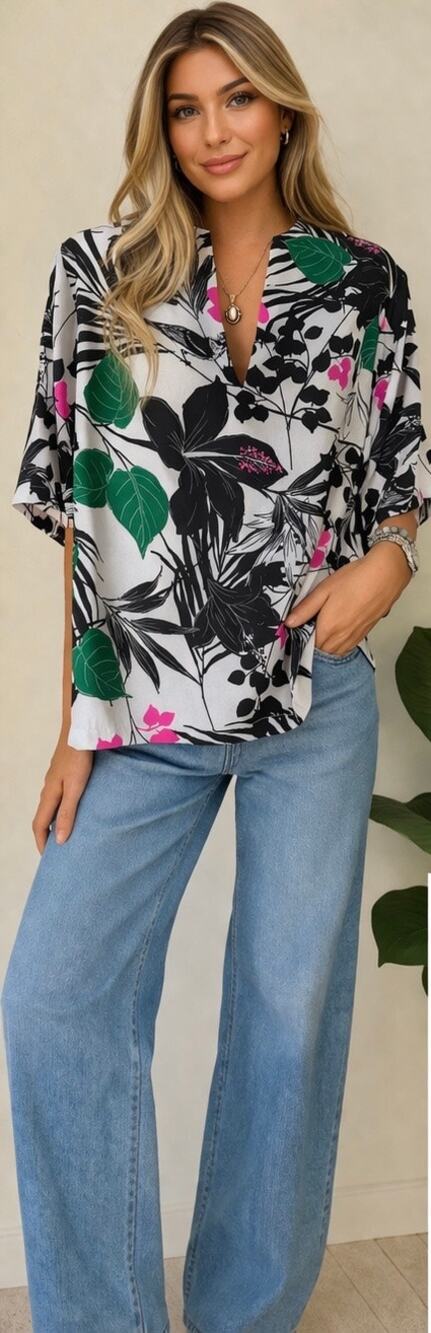 Worthington Floral Split Neck Blouse XL Black Green Pink